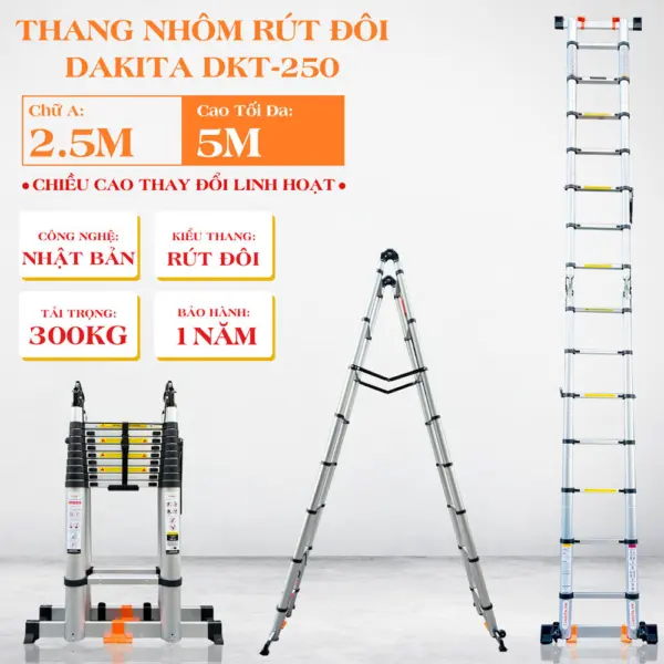 Thang Rút Đôi Chữ A DAKITA DKT-250 [Chữ A: 2.5m Duỗi 5.0m]