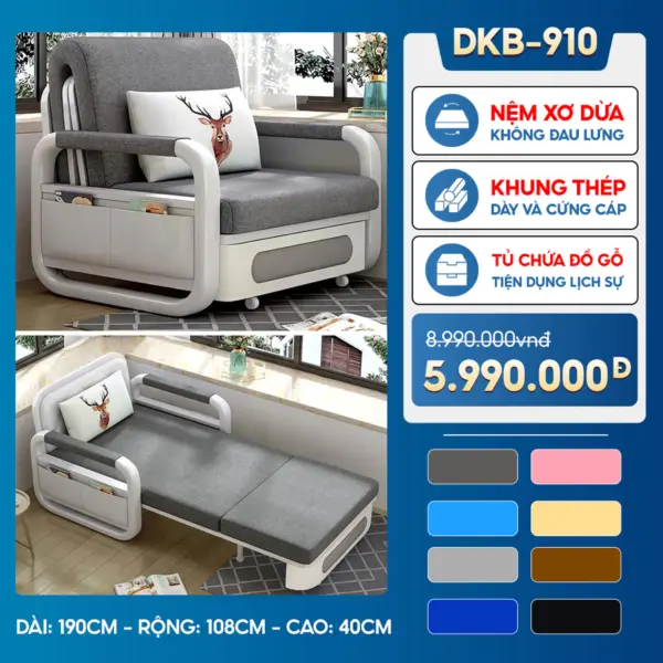 Sofa Giường DAKITA DKB-910- Rộng 1m - Nệm Xơ Dừa Không Lún - Hộc Tủ Gỗ