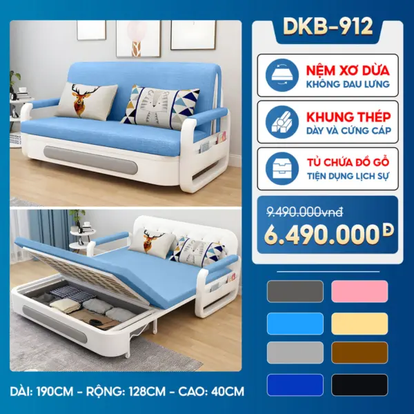 Sofa Giường DAKITA DKB-912 - Rộng 1.2m - Hộc Tủ Gỗ - Nệm Xơ Dừa Không Đau Lưng