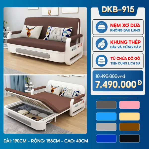 Sofa Giường DAKITA DKB-915 - Rộng 1.5m - Hộc Tủ Gỗ - Nệm Xơ Dừa