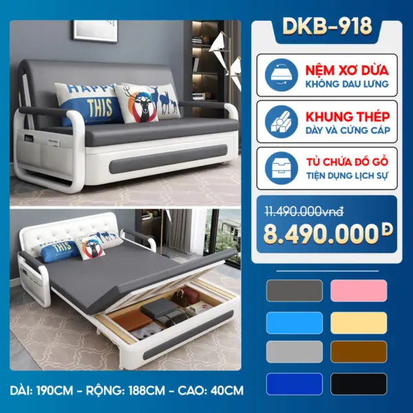 Sofa Giường DAKITA DKB-918 – Rộng 1.8m – Hộc Tủ Gỗ – Nệm Xơ Dừa