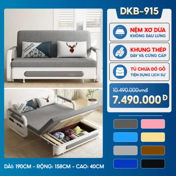 Sofa Giường DAKITA DKB-915 - Rộng 1.5m - Hộc Tủ Gỗ - Nệm Xơ Dừa