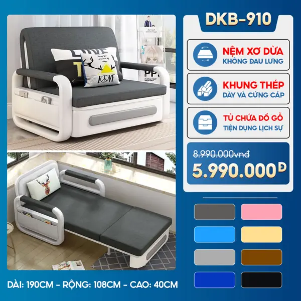 Sofa Giường DAKITA DKB-910- Rộng 1m - Nệm Xơ Dừa Không Lún - Hộc Tủ Gỗ