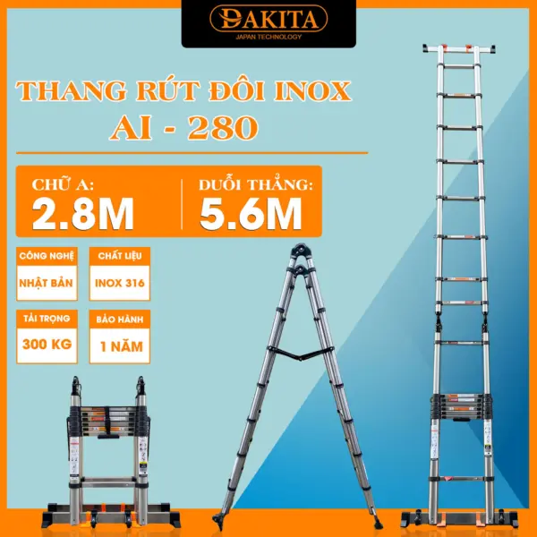 Thang Inox Rút Đôi DAKITA AI-280 [Chữ A : 2.8m Duỗi 5.6m]