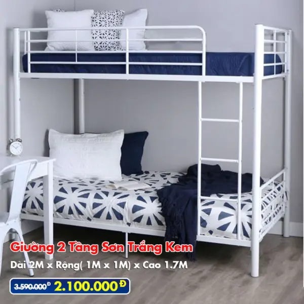 [Rộng 1m - Trắng Kem] Giường Sắt 2 Tầng Sơn Trắng Kem DAKITA