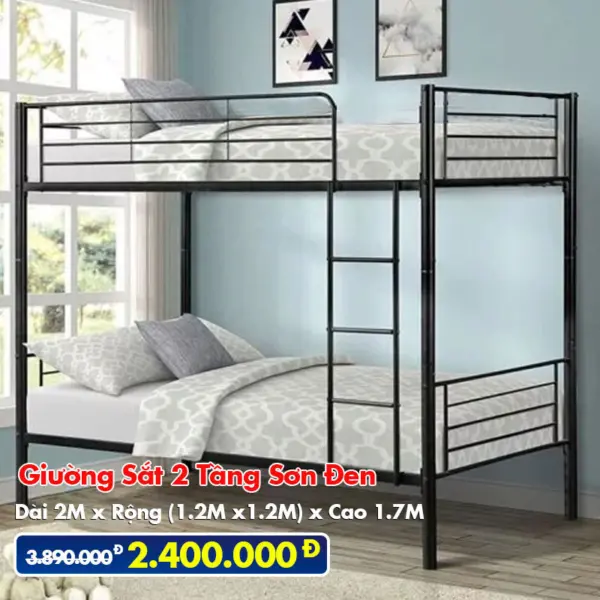 [Rộng 1.2m - Đen] Giường Sắt 2 Tầng Sơn Đen DAKITA