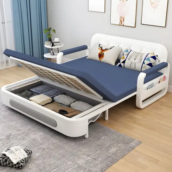 Sofa Giường Thông Minh Loại Vải Màu Xanh Dương Đậm Nệm Xơ Dừa Hộc Tủ Gỗ