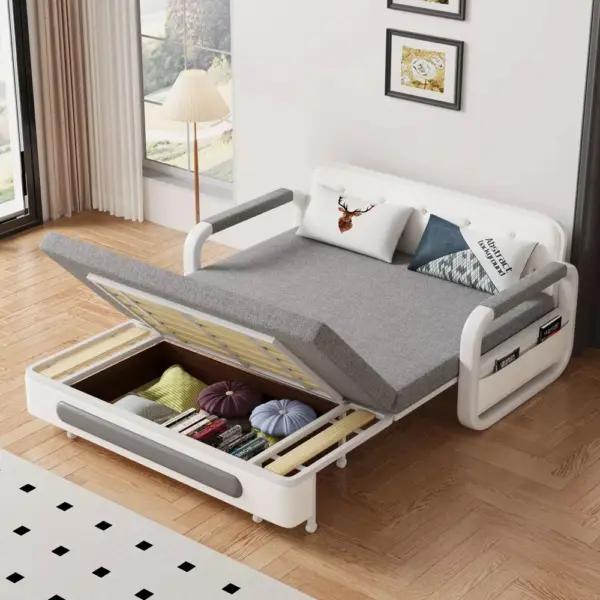 Sofa Giường Thông Minh Loại Vải Màu Xám Nệm Xơ Dừa Hộc Tủ Gỗ