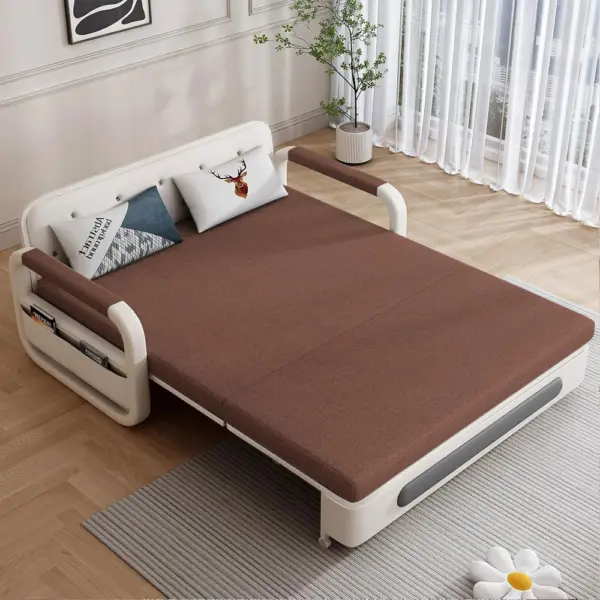 Sofa Giường Thông Minh Loại Vải Màu Nâu Nệm Xơ Dừa Hộc Tủ Gỗ