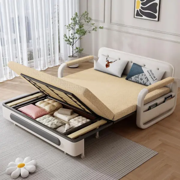 Sofa Giường Thông Minh Loại Vải Màu Kem Nệm Xơ Dừa Hộc Tủ Gỗ