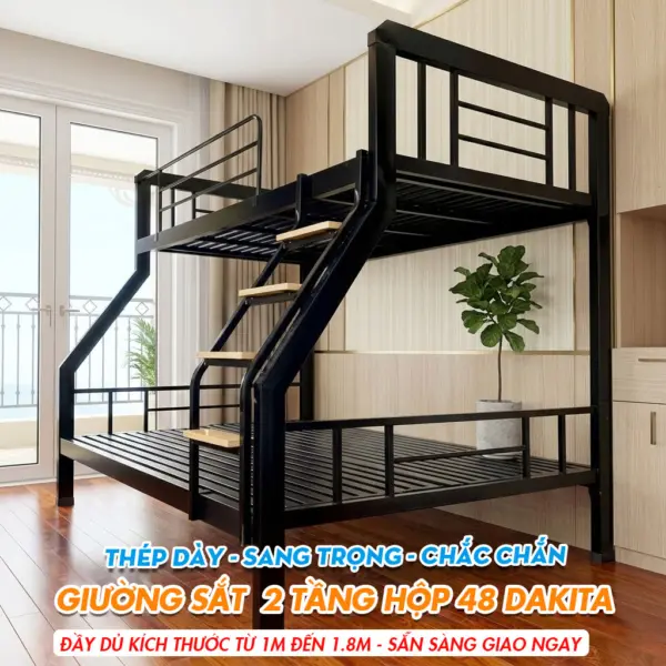 [Nhiều kích thước] Giường Sắt Hai Tầng Hộp 48 Trên DAKITA Đen