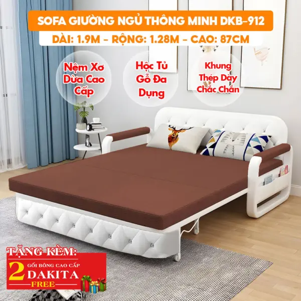 [Rộng 1.28m - Nệm Xơ Dừa] Sofa Giường DAKITA DKB-912 - Rộng 1.2m - Hộc Tủ Gỗ - Nệm Xơ Dừa Không Đau Lưng- Màu Nâu