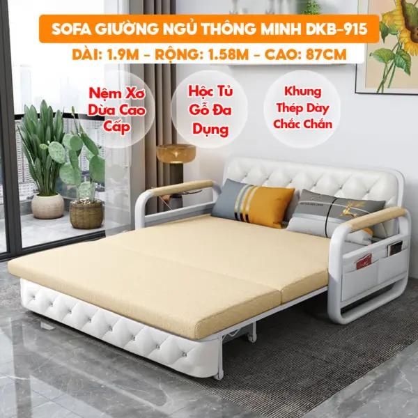[Rộng 1.58m - Nệm Xơ Dừa] Sofa Giường DAKITA DKB-915 - Rộng 1.5m - Hộc Tủ Gỗ - Nệm Xơ Dừa- Da Đen