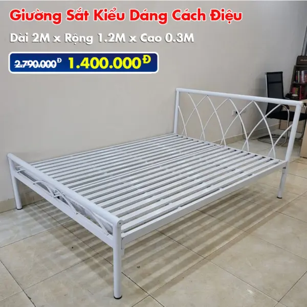 [Rộng 1.2m] Giường Sắt Kiểu Cách Điệu DAKITA Trắng Kem