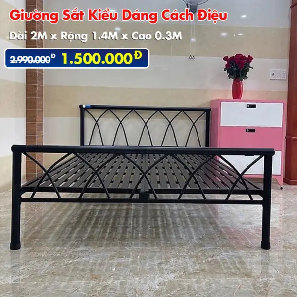 [Rộng 1.4m] Giường Sắt Kiểu Cách Điệu DAKITA Đen