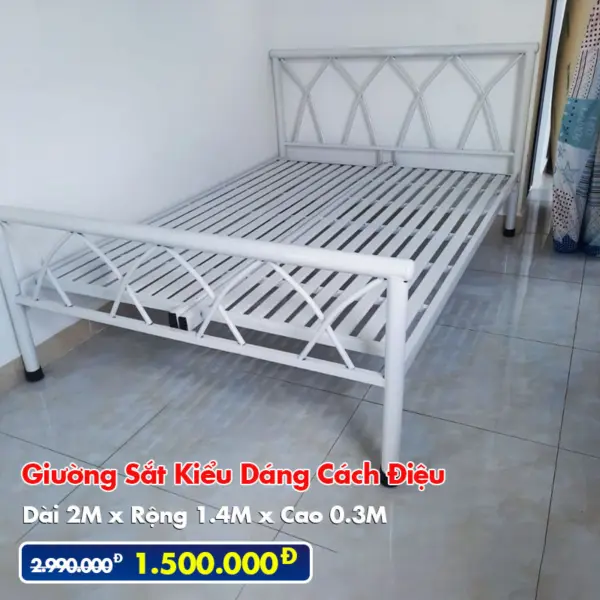 [Rộng 1.4m] Giường Sắt Kiểu Cách Điệu DAKITA Trắng Kem