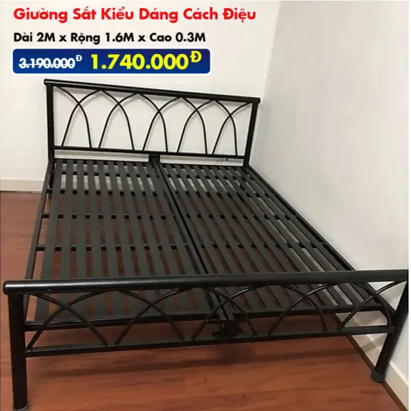[Rộng 1.6m] Giường Sắt Kiểu Cách Điệu DAKITA Đen