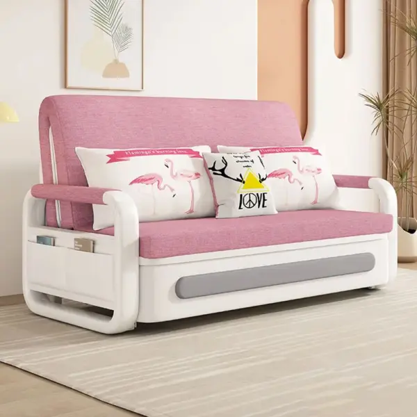 Sofa Giường Thông Minh Loại Vải Màu Hồng Nệm Xơ Dừa Hộc Tủ Gỗ