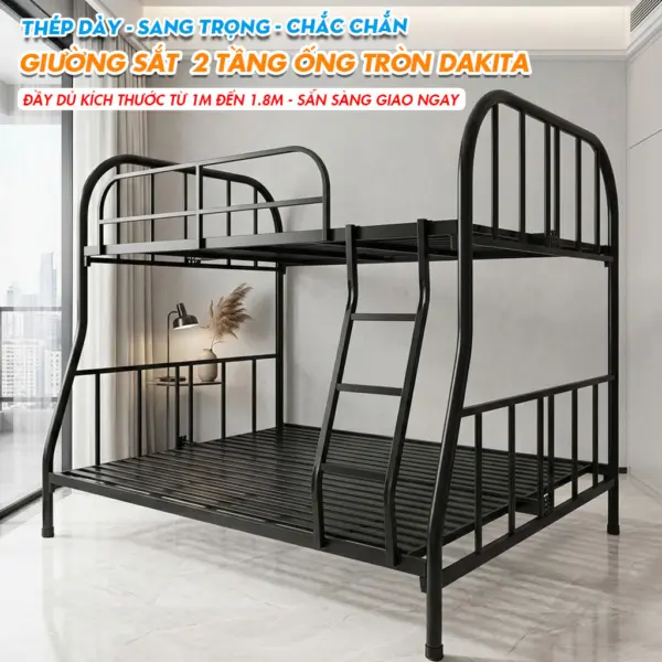 Giường Sắt Hai Tầng Ống Tròn Trên 1m Dưới 1m2 DAKITA Đen