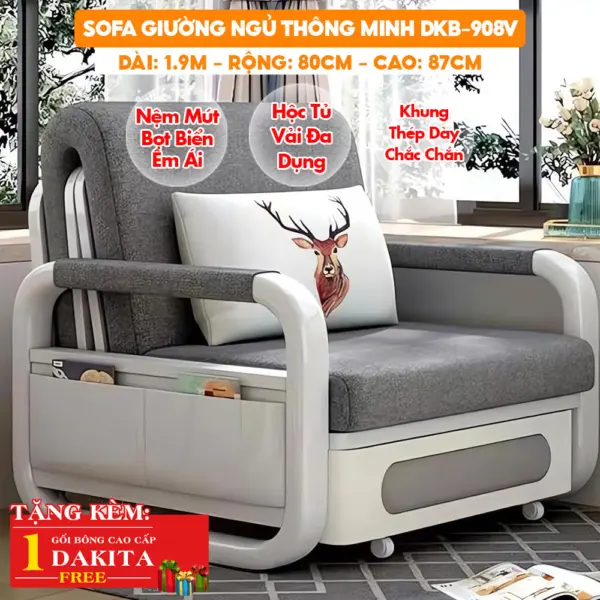 Sofa Giường Ngủ Thông Minh DKB-908V - Rộng 80cm - Nệm Mút Bọt Biển - Hộc Tủ Vải