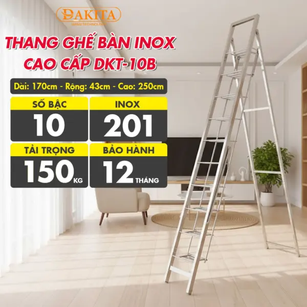 [10 Bậc - Khung Inox] THANG GHẾ BÀN INOX CAO CẤP DAKITA DKT-10B