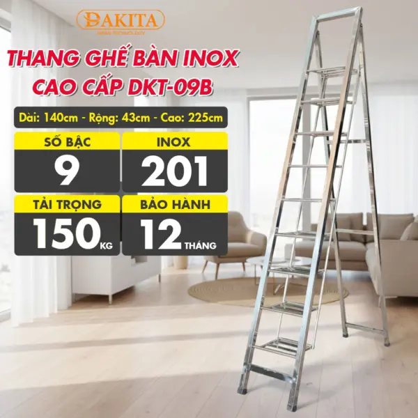 [9 Bậc - Khung Inox] THANG GHẾ BÀN INOX CAO CẤP DAKITA DKT-09B